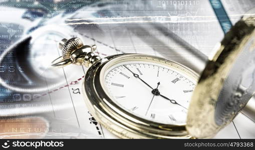 Business still life concept. Pocket watch and business concepts on digital background