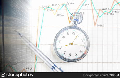 Business still life concept. Pocket watch and business concepts on digital background