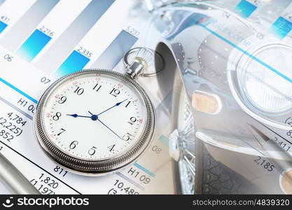 Business still life concept. Pocket watch and business concepts on digital background