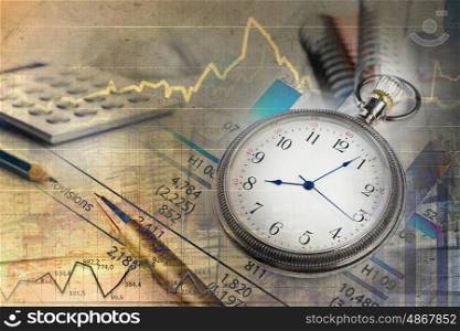 Business still life concept. Pocket watch and business concepts on digital background
