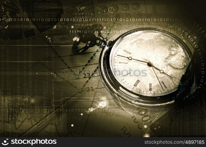 Business still life concept. Pocket watch and business concepts on digital background