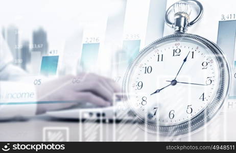 Business still life concept. Pocket watch and business concepts on digital background