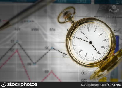 Business still life concept. Pocket watch and business concepts on digital background