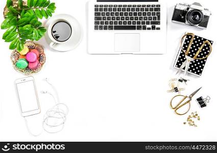 Business still life. Feminine home office desk. Coffee and colorful macaroon cookies. Flat lay. Hero header for social media
