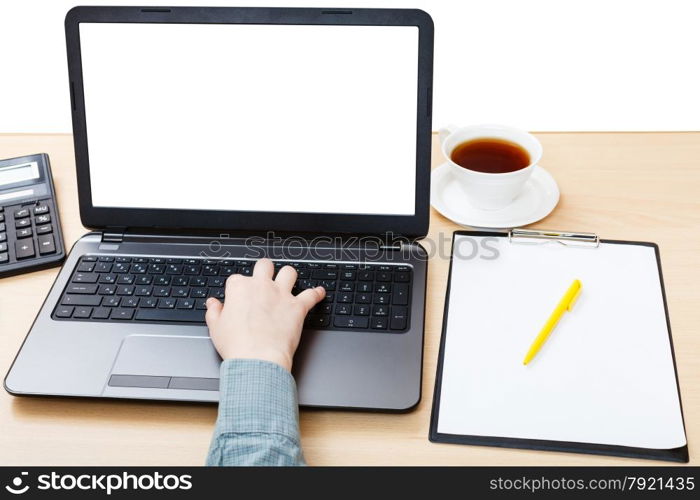 business still life - laptop with cut out screen on table isolated on white background