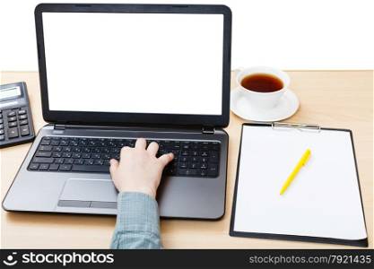 business still life - laptop with cut out screen on table isolated on white background