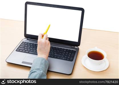 business still life - laptop with cutout screen on office table isolated on white background