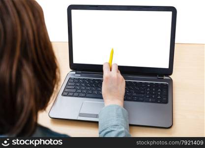 business still life - laptop with isolated screen on office desk isolated on white background