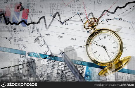 Business still life. Pocket watch and business concepts on digital background