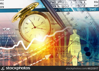 Business still life. Pocket watch and business concepts on digital background