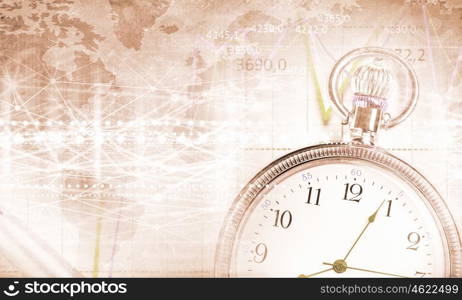 Business still life. Pocket watch and business concepts on digital background