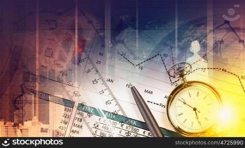 Business still life. Pocket watch and business concepts on digital background