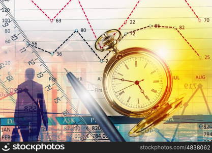 Business still life. Pocket watch and business concepts on digital background