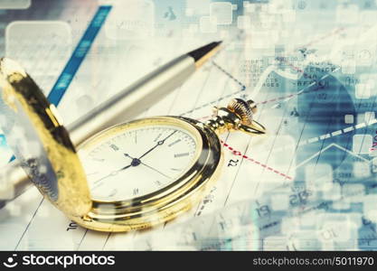 Business still life. Pocket watch and business concepts on digital background