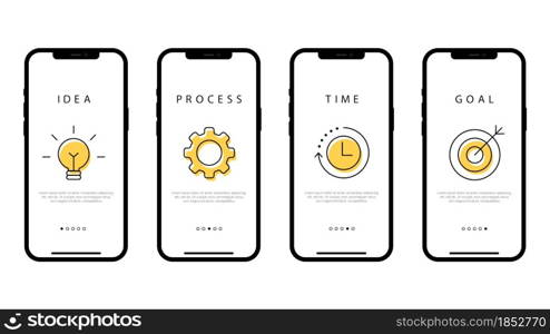 Business strategy. A step-by-step plan for a business in a smartphone. Idea, process, time and purpose. Vector illustration