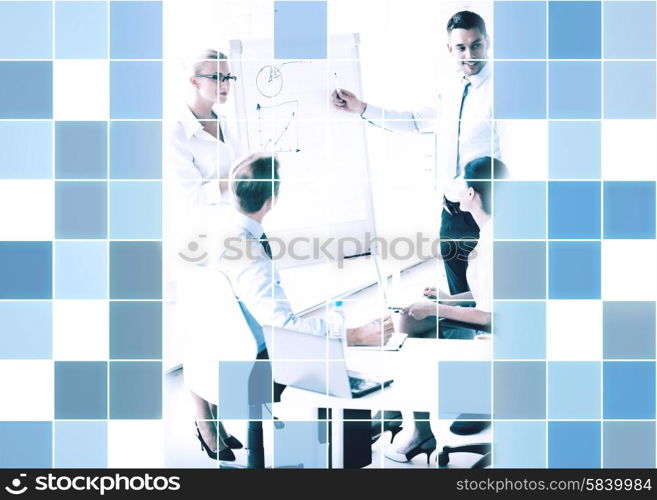 business, strategy and people concept - business people with graph on flip board at presentation in office over blue squared grid background