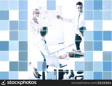 business, strategy and people concept - business people with graph on flip board at presentation in office over blue squared grid background