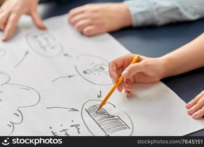 business, strategy and planning concept - close up of hands with scheme and pencil at office. close up of hands with scheme and pencil at office