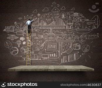 Business strategy. Back view of businessman standing on ladder and drawing sketch on wall