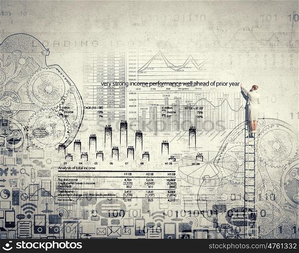 Business strategy. Back view of businesswoman standing on ladder and drawing sketch on wall