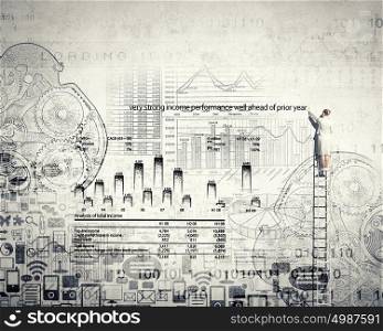 Business strategy. Back view of businesswoman standing on ladder and drawing sketch on wall