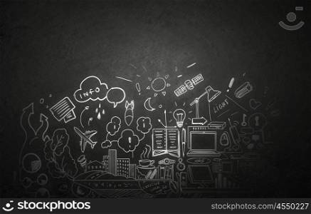 Business strategy. Background with business sketches on dark concrete wall