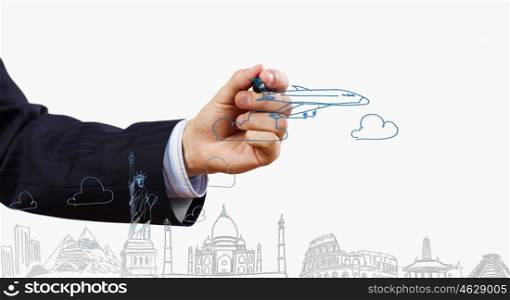 Business strategy. Close up of businessman hand drawing sketches