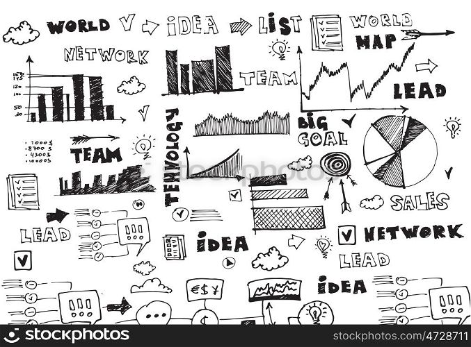 Business strategy. Conceptual background image with business sketches on white