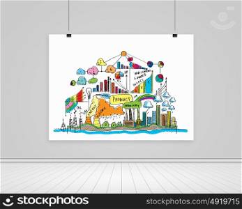 Business strategy. Hanging banner with business plan, graphics and diagrams