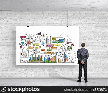 Business strategy. Image of businessman drawing business plan on white banner