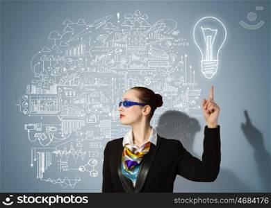 Business strategy. Image of businesswoman in goggles with business sketch at background. Idea concept