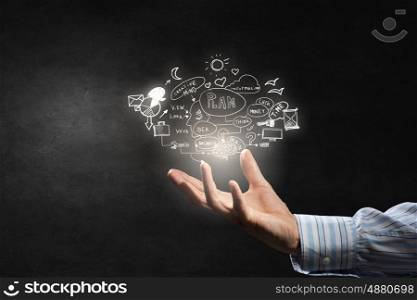 Business strategy in hand. Businessman hand presenting business idea sketch on palm