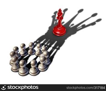 Business strategy leadership concept as a group of chess pawn pieces gathering together as a team to lead and form a king piece to win over another competitor as a 3D illustration.