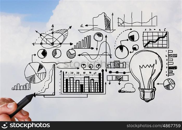 Business strategy. Person hand drawing business strategy plan on sky background