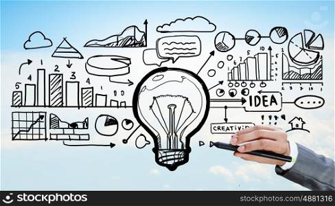 Business strategy. Person hand drawing business strategy plan on sky background