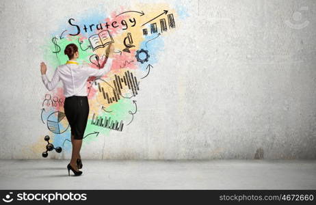 Business strategy planning. Back view of businesswoman drawing sketch on wall