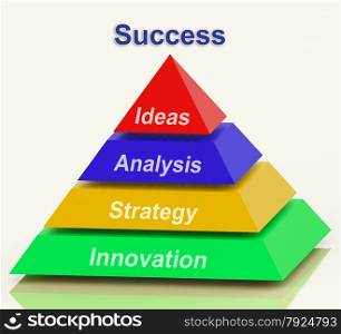 Business Strategy Pyramid Showing Teamwork And Plan. Success Pyramid Showing Progress Achievement Or Winning