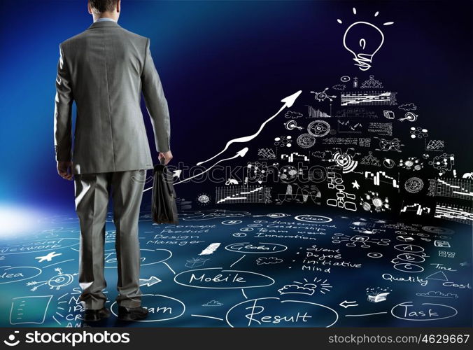 Business strategy. Rear view of businessman and business strategy sketches on wall