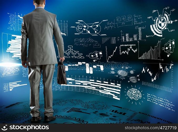 Business strategy. Rear view of businessman and business strategy sketches on wall