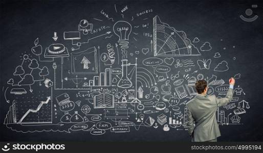Business strategy. Rear view of businessman drawing business sketch on wall