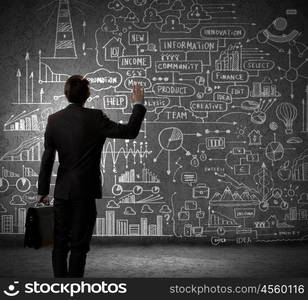 Business strategy. Rear view of businessman looking at chalk sketches on wall