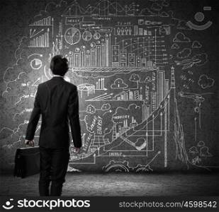 Business strategy. Rear view of businessman looking at chalk sketches on wall