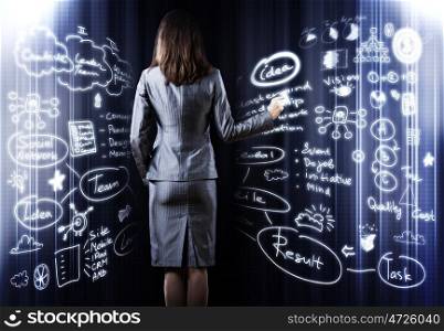 Business strategy. Rear view of businesswoman drawing business plan