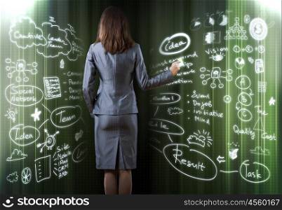 Business strategy. Rear view of businesswoman drawing business sketches with finger
