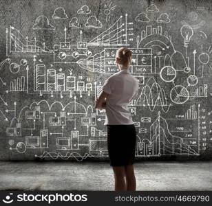 Business strategy. Rear view of businesswoman looking at business sketches on wall