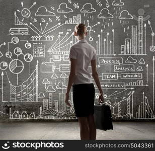 Business strategy. Rear view of businesswoman looking at business sketches on wall