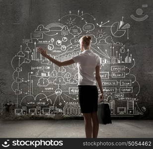 Business strategy. Rear view of businesswoman looking at business sketches on wall