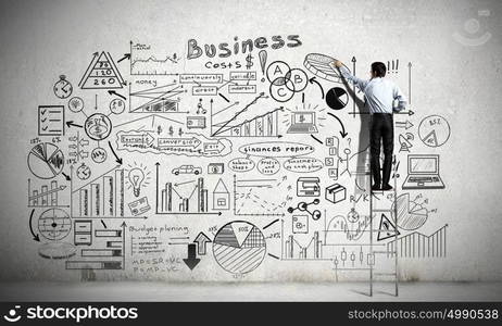 Business strategy seminar. Back view of businessman standing on ladder and drawing sketches on wall