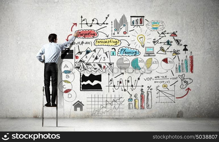 Business strategy seminar. Back view of businessman standing on ladder and drawing sketches on wall