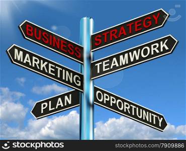 Business Strategy Signpost Showing Teamwork Marketing And Plan